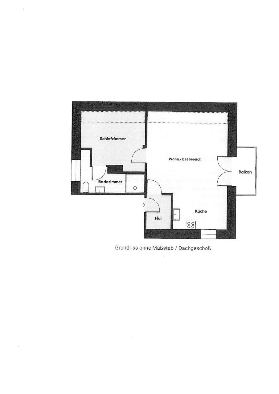Grundriss des Dachgeschosses mit Wohn-Essbereich, Küche, Schlafzimmer, Bad und Balkon.