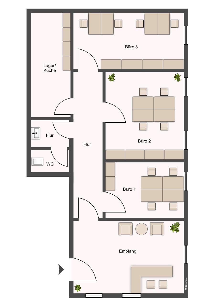Grundrissplan mit Empfangsbereich, drei Büros, Lager/Küche und separatem WC.