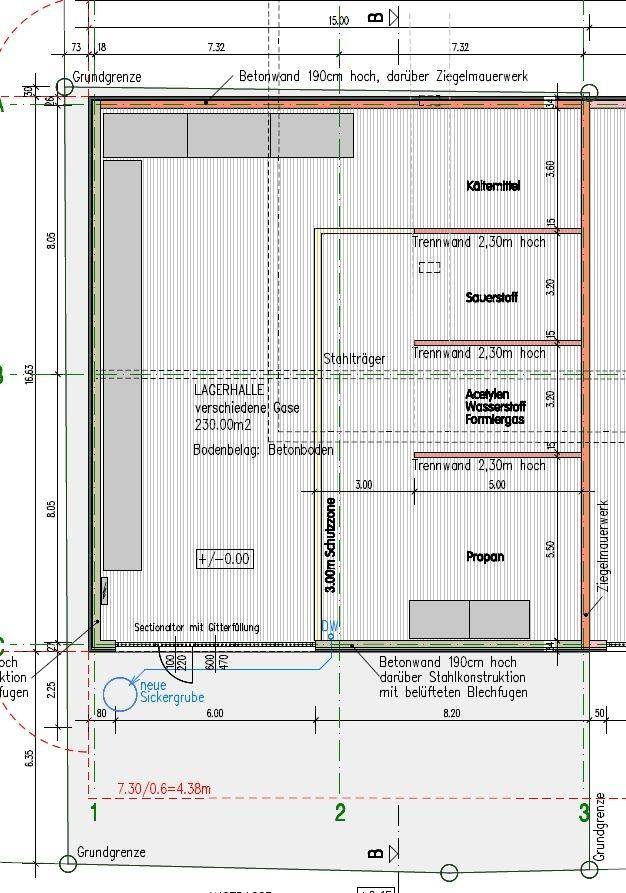 Detaillierter Grundriss einer Lagerhalle mit verschiedenen Gaslagerbereichen und Betonboden.
