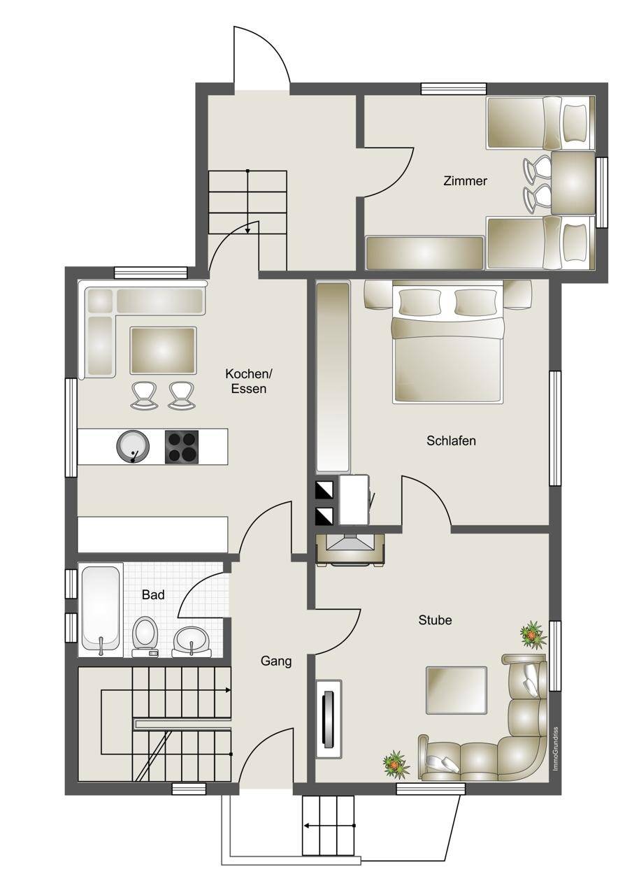 Grundriss des Erdgeschosses mit Küche, Bad, Schlafzimmer und Wohnbereich.