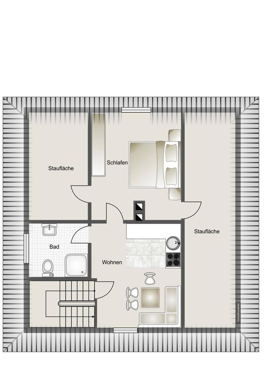 Grundriss des Dachgeschosses mit Schlafzimmer, Bad und Wohnbereich unter Schrägen.