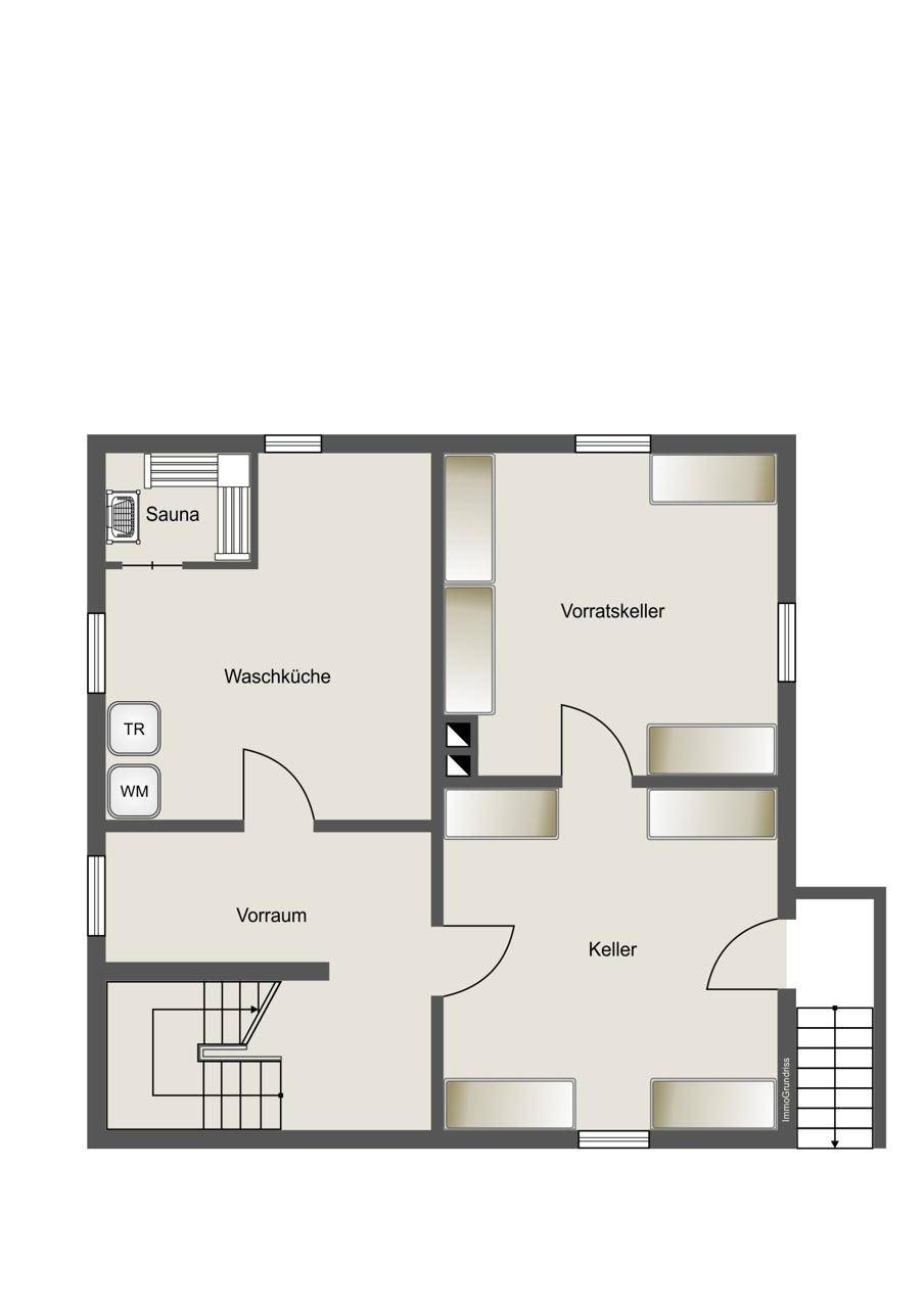 Grundriss des Kellergeschosses mit Sauna, Waschküche und Vorratskellern.