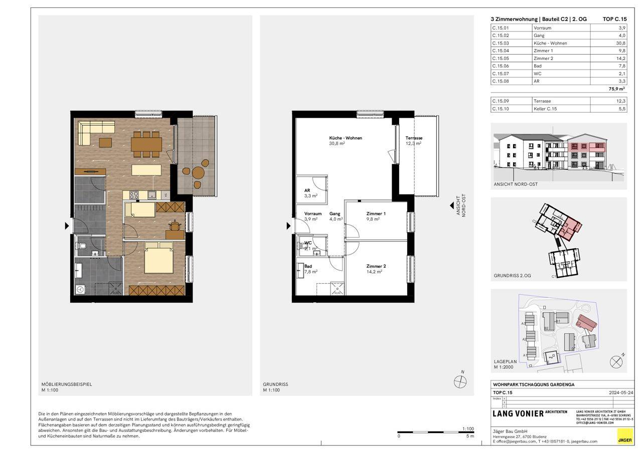 Grundriss einer 3-Zimmer-Wohnung mit Terrasse und offenem Wohnbereich.
