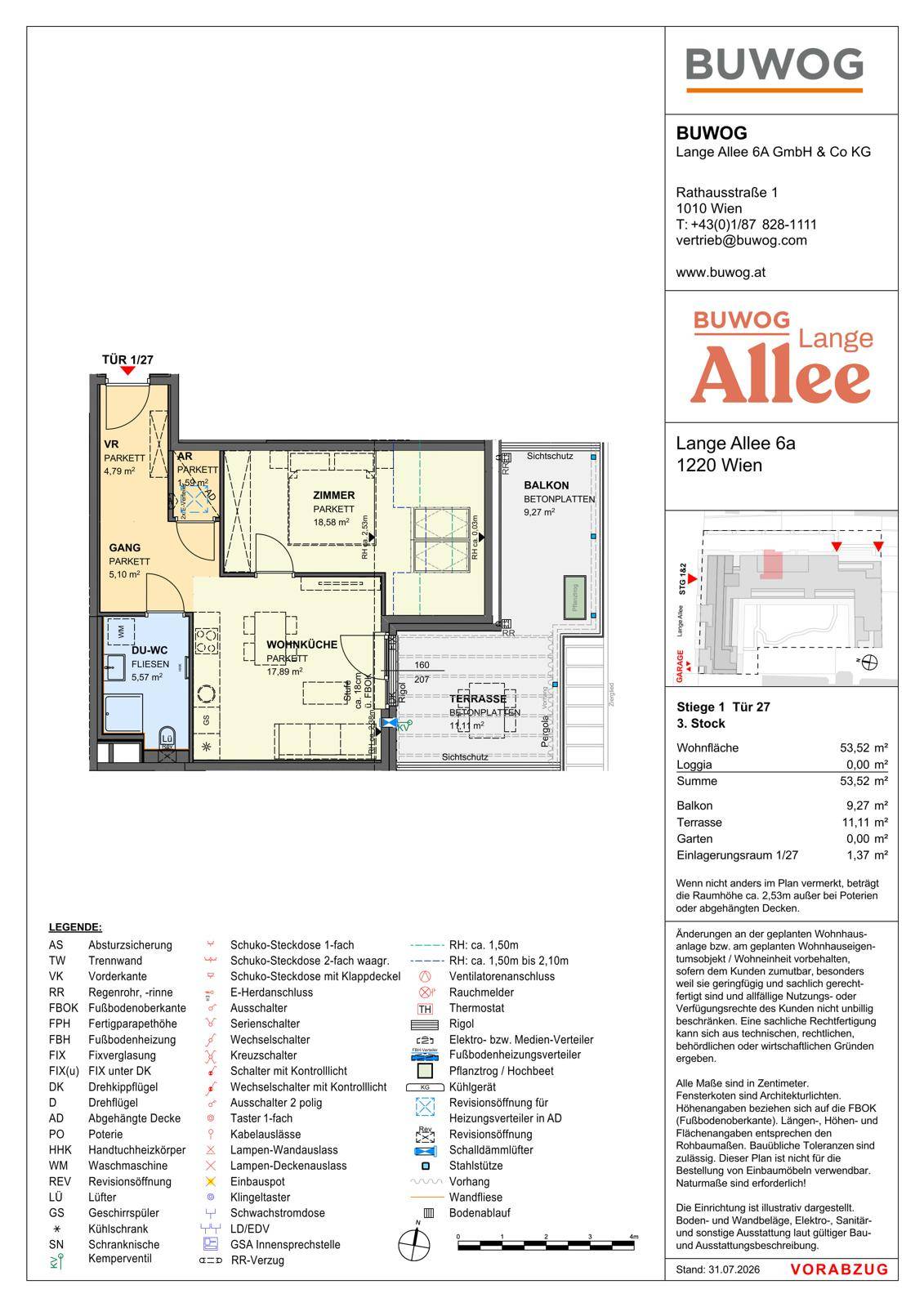Grundriss einer Wohnung mit offener Wohnküche, Schlafzimmer, Duschbad, Balkon und Terrasse.