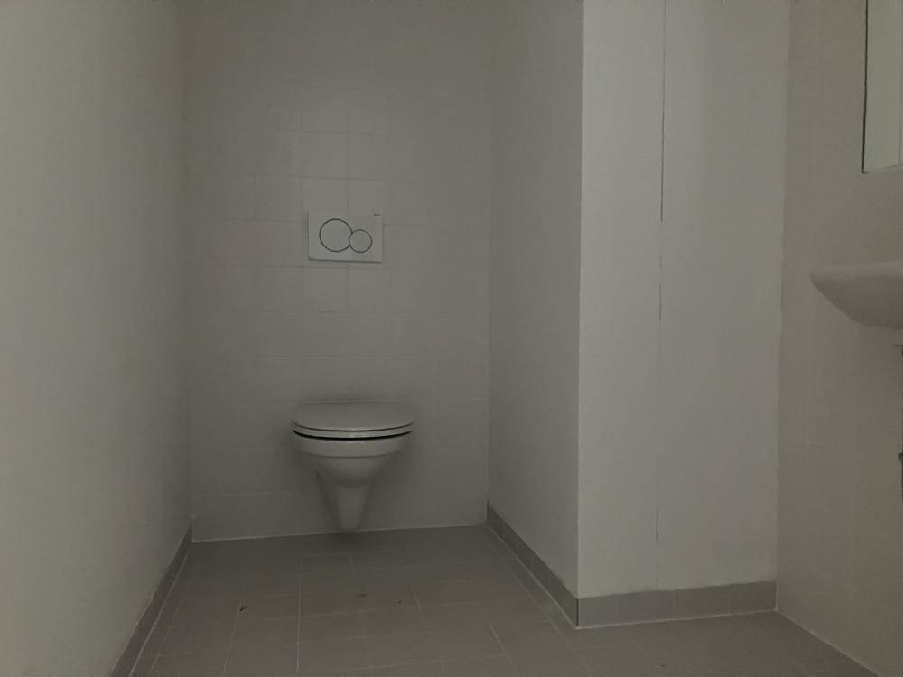 Sauberes, modern gefliestes WC mit wandhängender Toilette und minimalistischem Design.