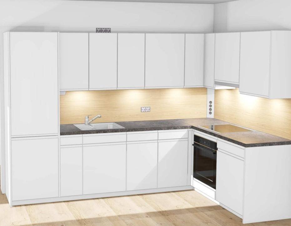 Moderne weiße Einbauküche mit dunkler Arbeitsplatte und Holzrückwand.