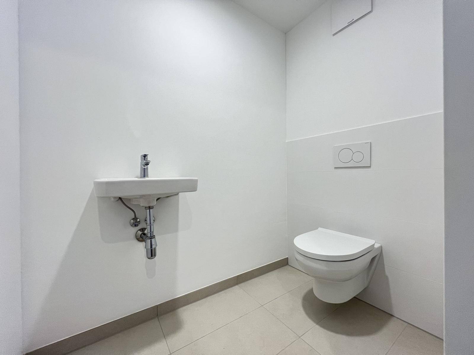 Modernes Gäste-WC mit wandhängender Toilette und kleinem Waschbecken.