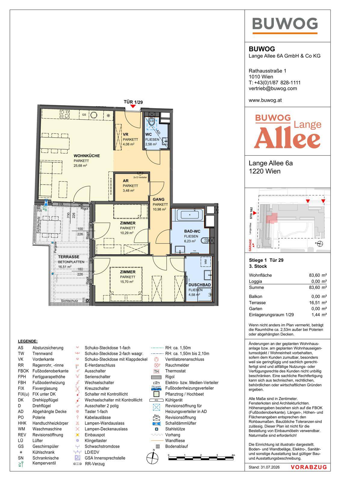 Grundriss einer Wohnung mit offener Wohnküche, zwei Schlafzimmern, zwei Bädern und einer großen Terrasse.