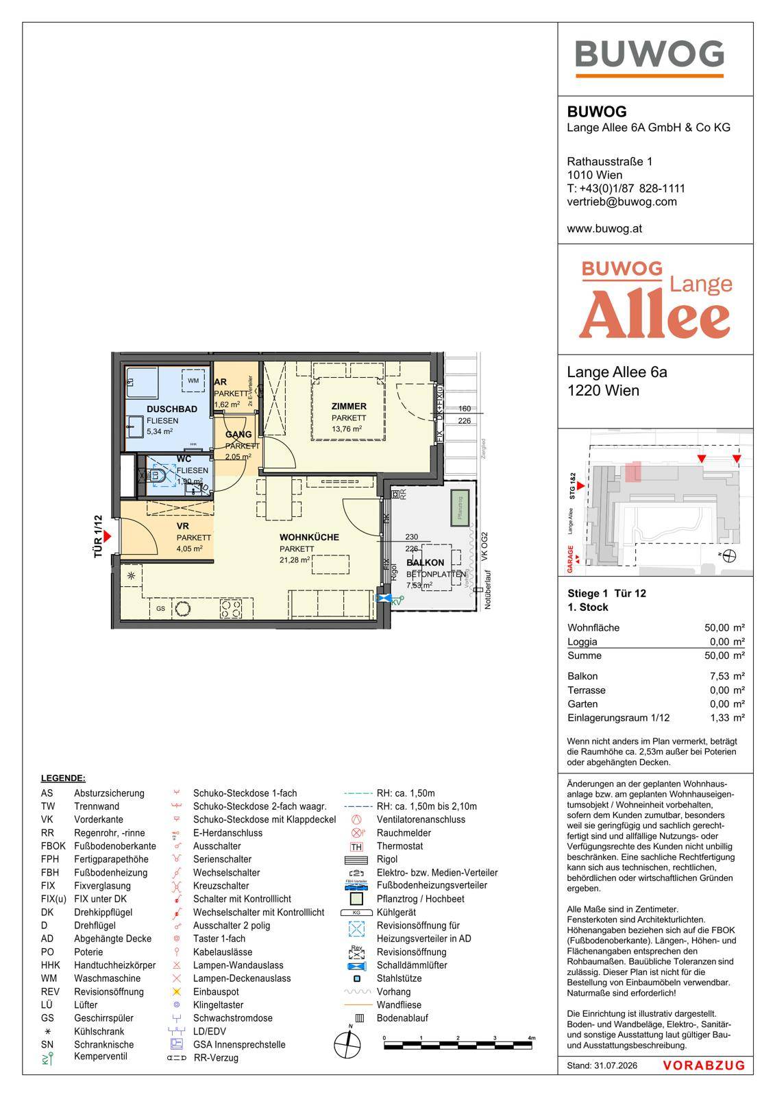 Grundriss einer modernen Wohnung mit offener Wohnküche, Schlafzimmer, Duschbad, separatem WC und Balkon.
