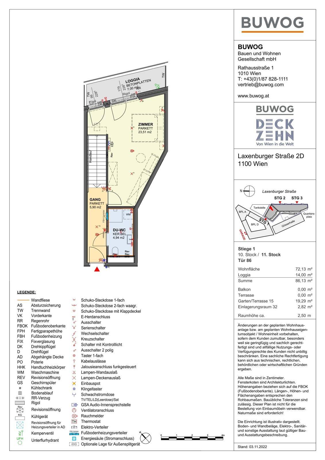 Grundriss einer Wohnung mit Zimmer, Gang, Dusch-WC, Loggia und Zugang zu Dachgarten und Terrasse.