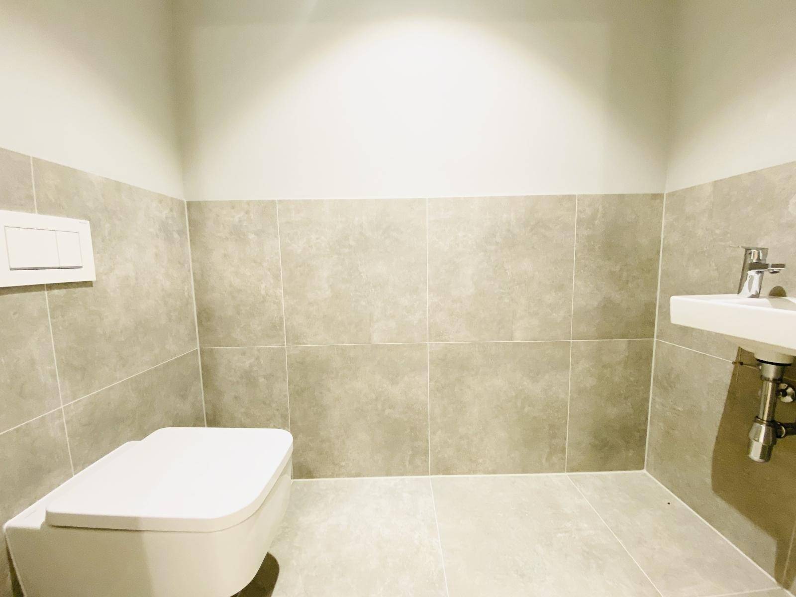 Modernes Gäste-WC mit Wand-WC, kleinem Waschbecken und grauen Fliesen.