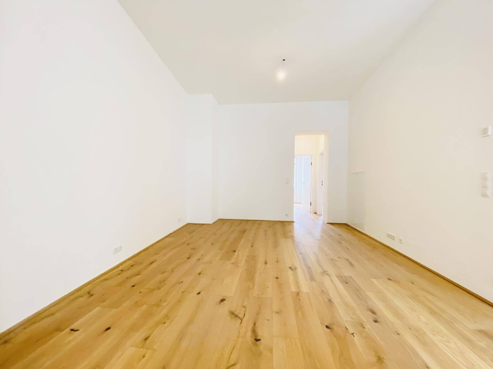 Heller Wohnraum mit Holzboden und Zugang zu weiteren Zimmern, ideal für offenes Wohnen.