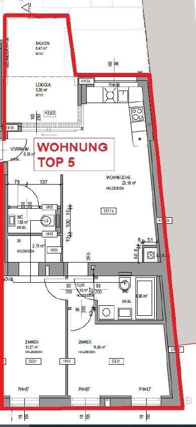 Grundriss der Wohnung Top 5 mit Balkon, Loggia, offener Wohnküche und zwei Schlafzimmern.