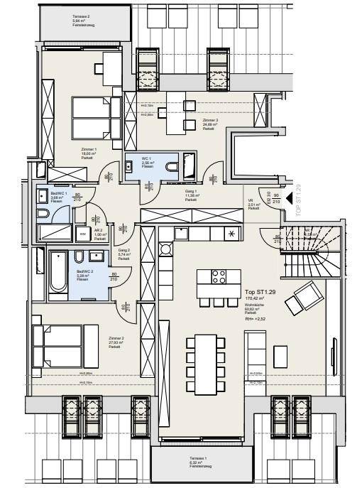 Detaillierter Grundriss einer Wohnung mit mehreren Zimmern, Bädern und Terrassen.