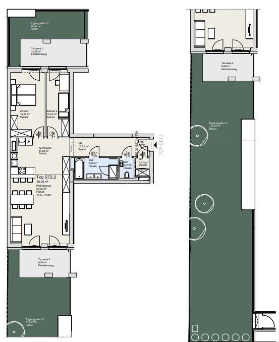 Detaillierter Grundriss einer Wohnung mit Terrasse und eigenem Gartenanteil.