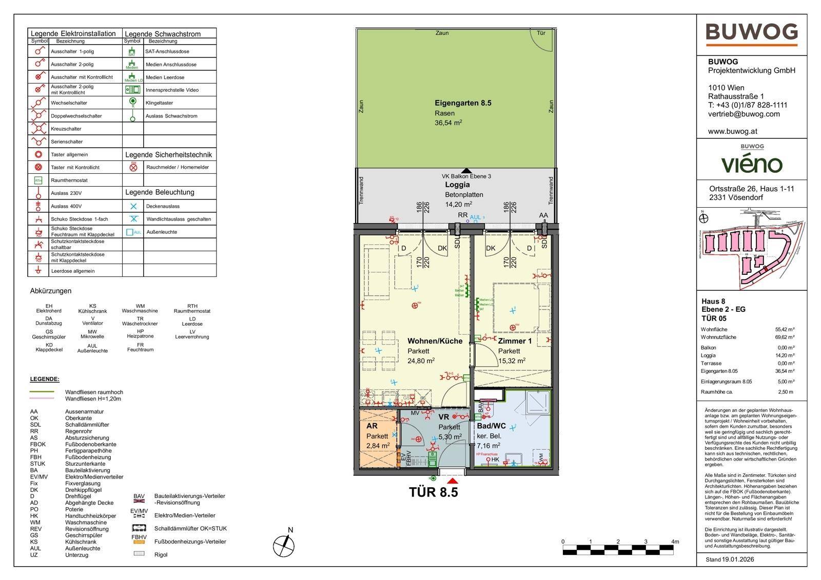 Grundriss einer 2-Zimmer-Wohnung mit Loggia und eigenem Gartenbereich.