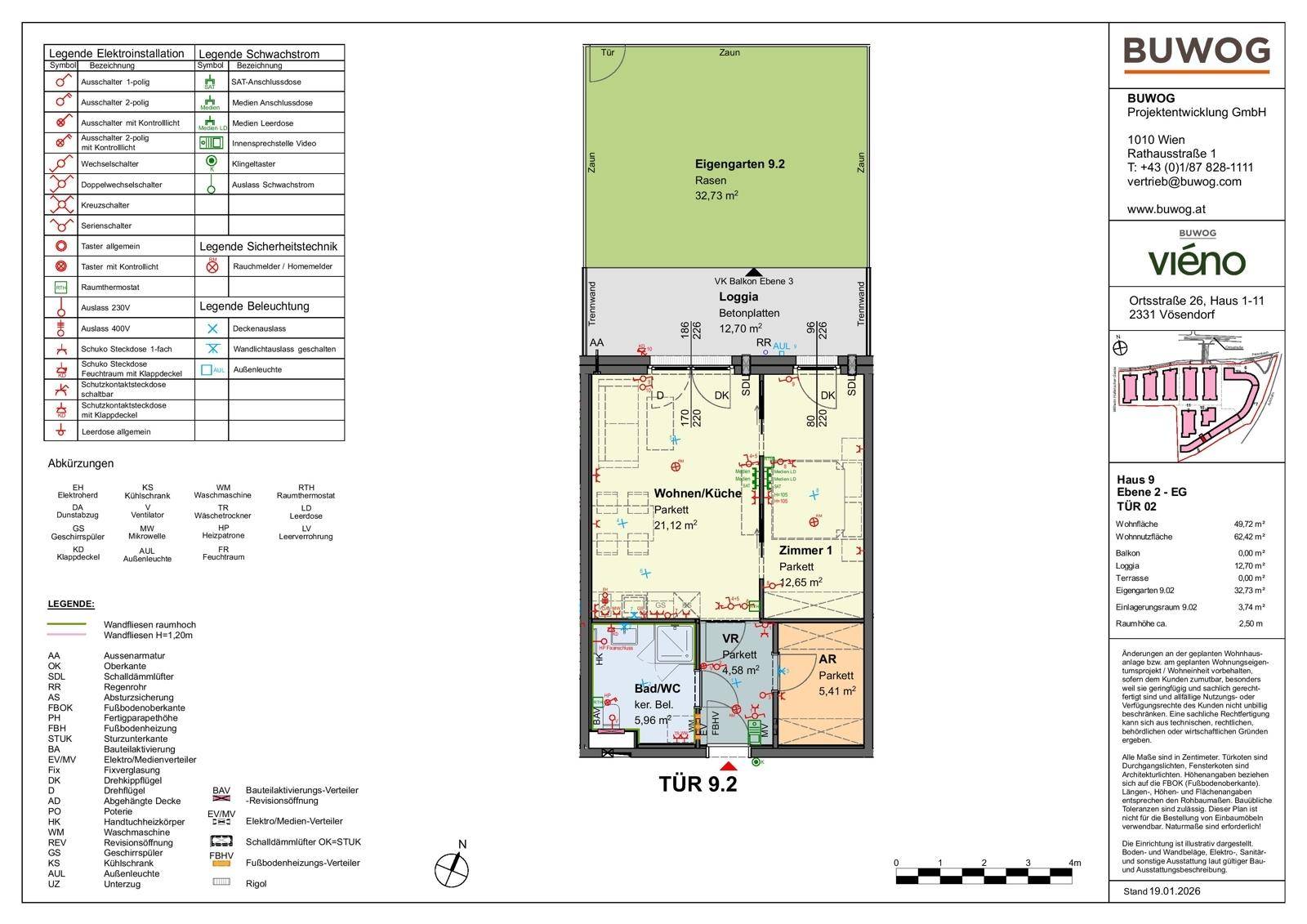 Grundriss einer Wohnung mit Wohnküche, Schlafzimmer, Bad und Loggia.