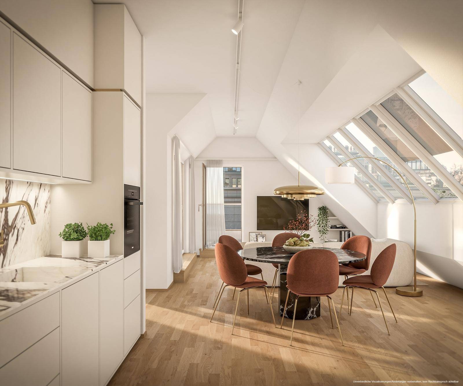 Helle Dachgeschosswohnung mit offener Küche, Essbereich, schrägen Decken und großen Dachfenstern.