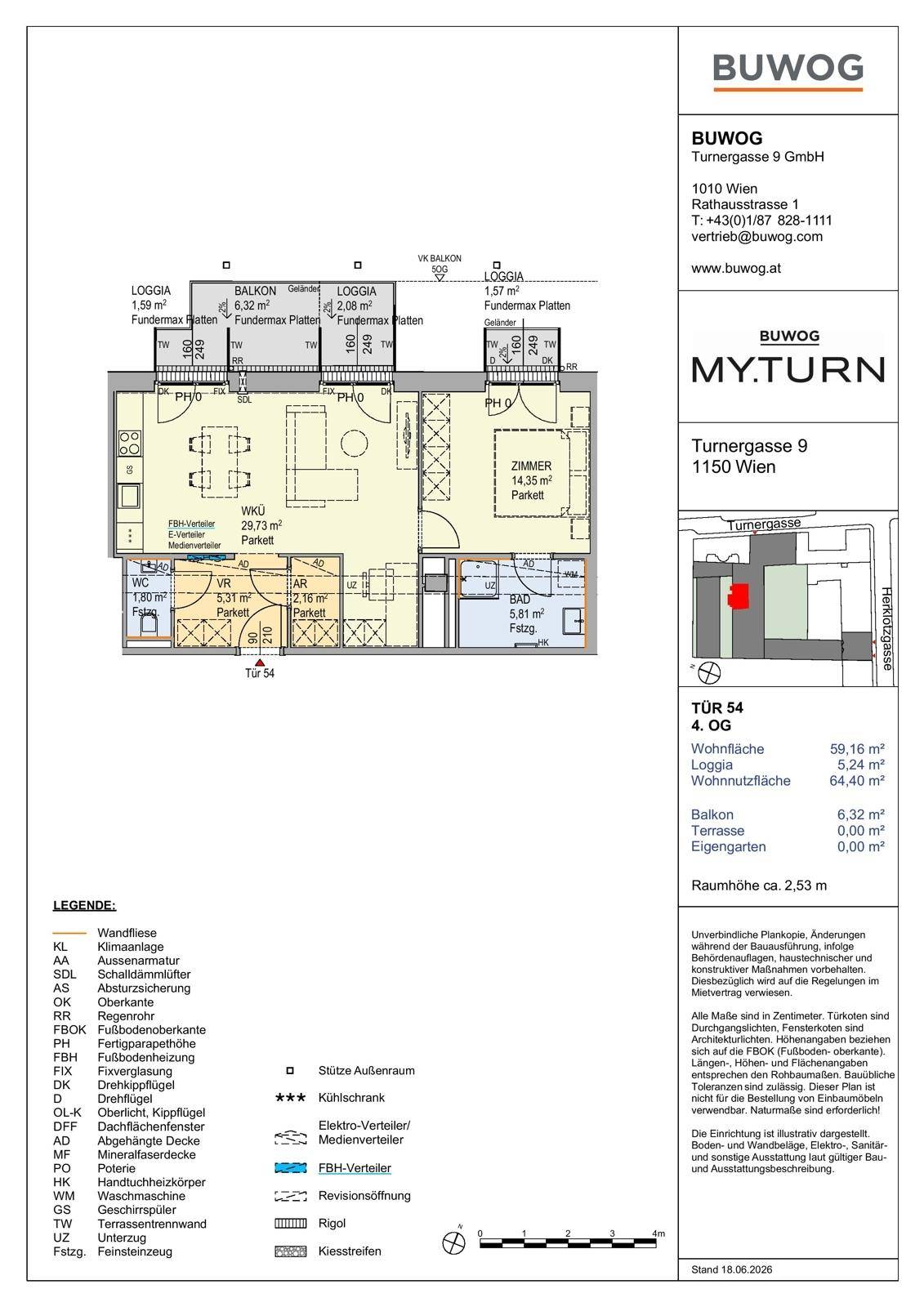 Detaillierter Grundriss einer Wohnung mit Loggia, Balkon und offenem Wohnbereich sowie zwei Bädern.