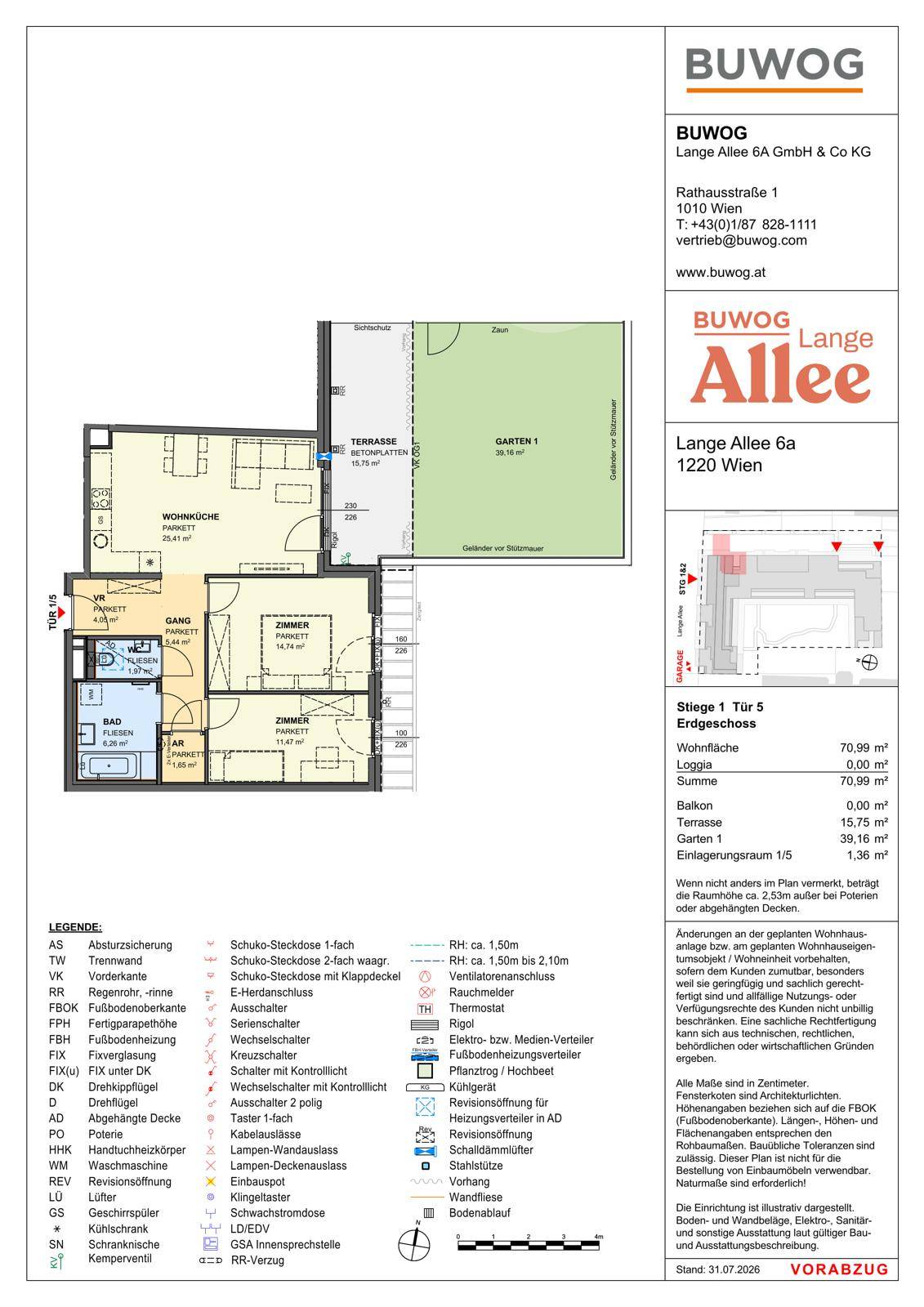 Grundriss einer Erdgeschosswohnung mit Terrasse, Garten und offenem Wohnbereich.