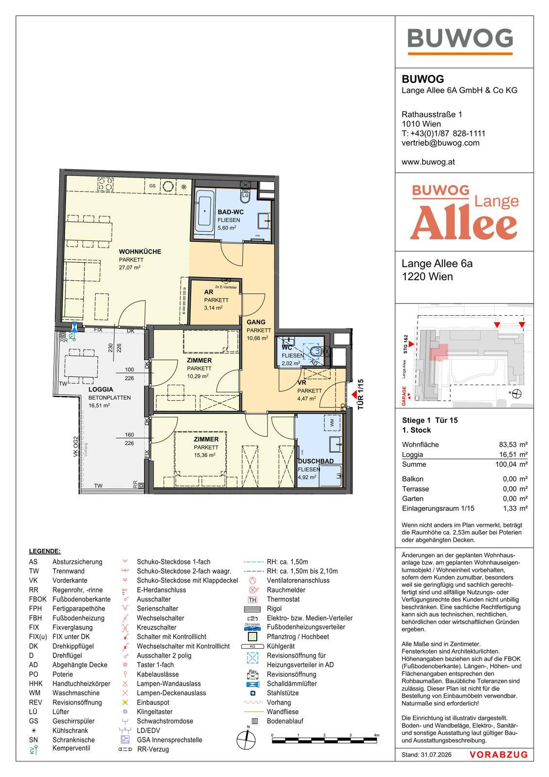 Detaillierter Grundriss einer Wohnung mit Loggia, Balkon und separatem WC.