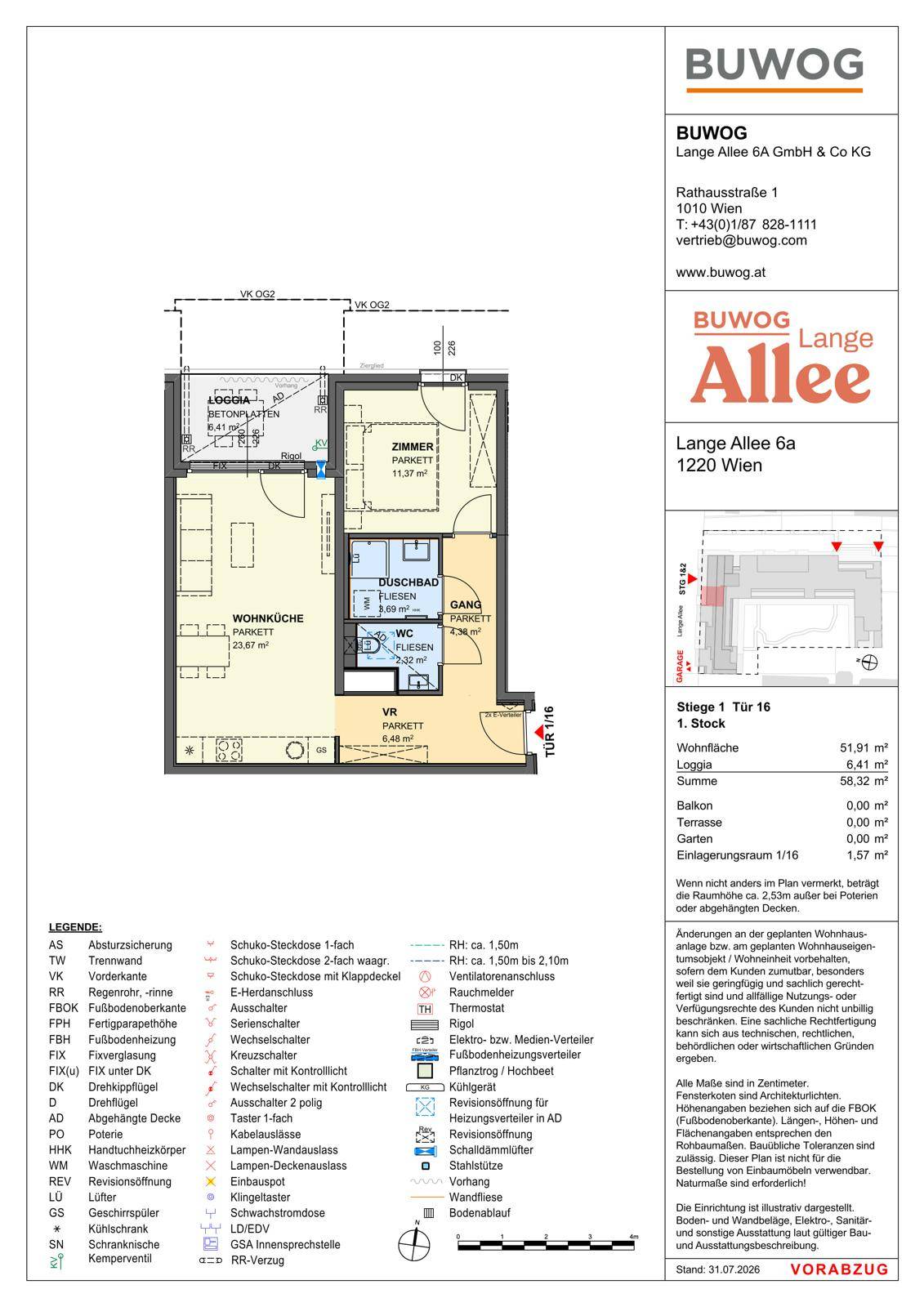 Detaillierter Grundriss einer Wohnung mit Wohnküche, Schlafzimmer und Bad.