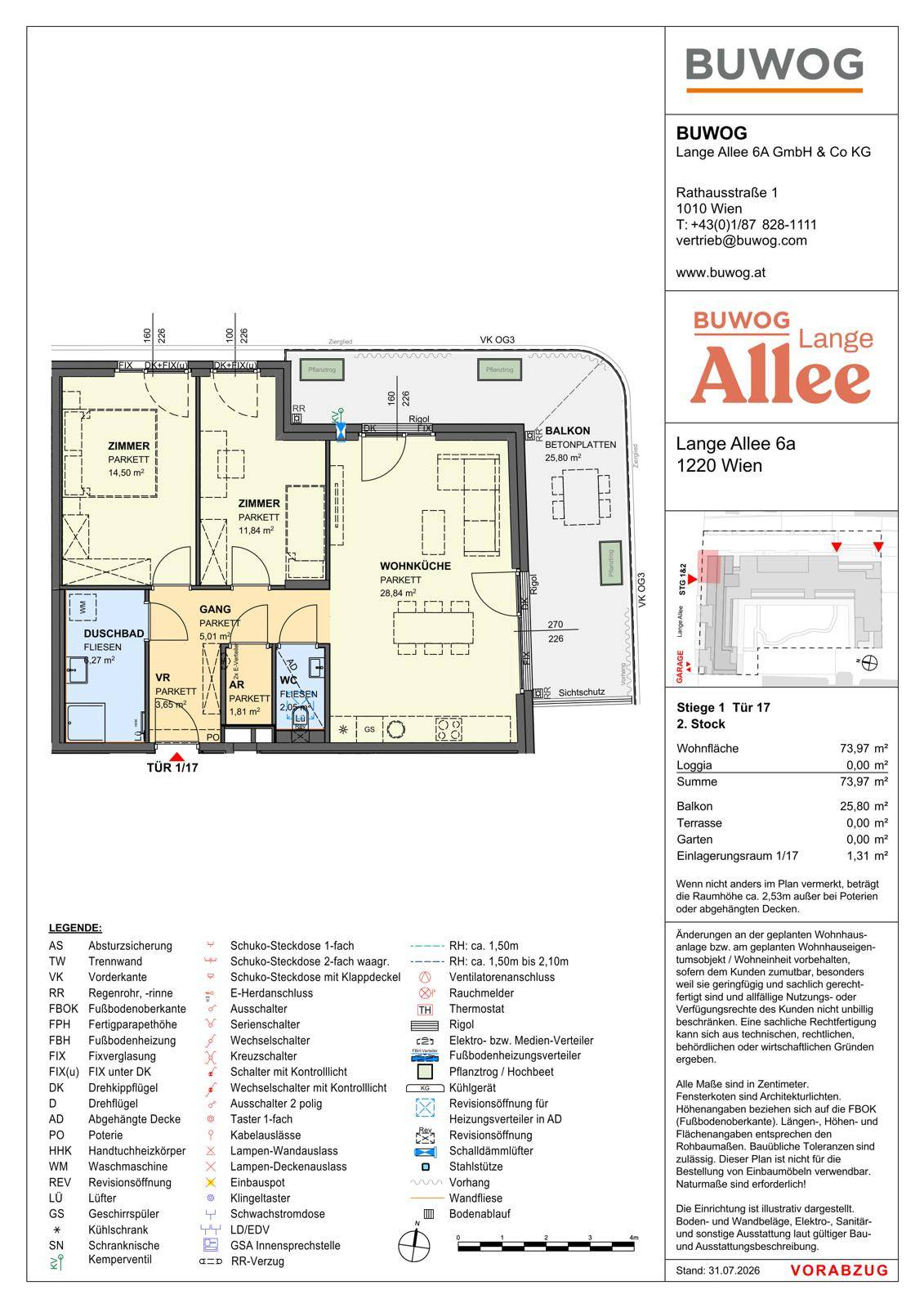 Grundriss einer Wohnung mit Wohnküche, Schlafzimmer und Balkon.