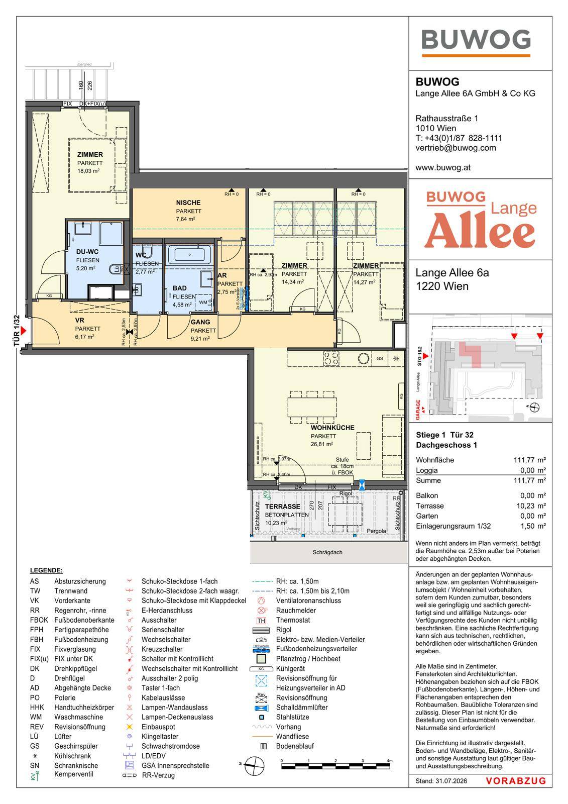 Detaillierter Grundriss einer Dachgeschosswohnung mit Terrasse und mehreren Zimmern.