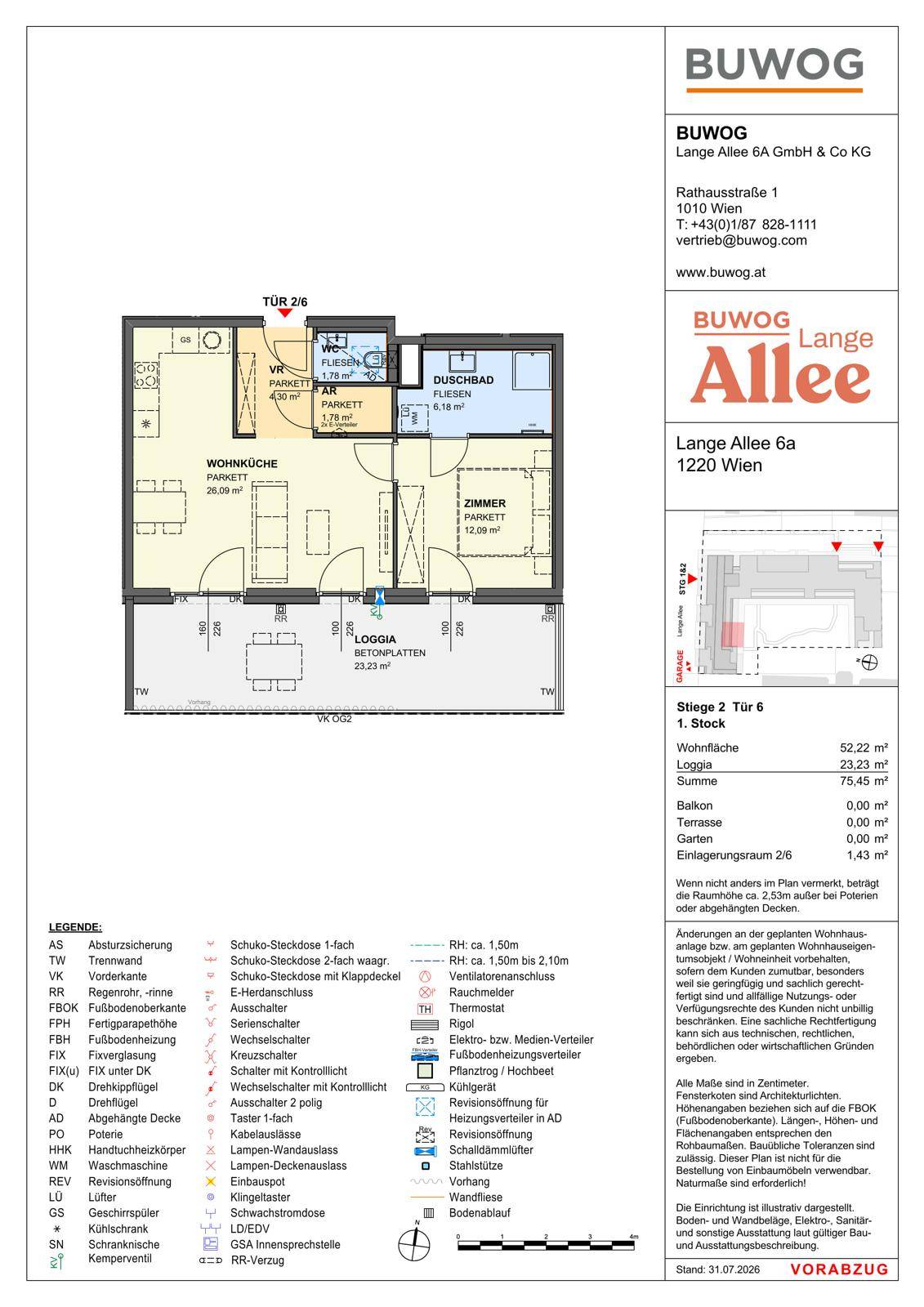 Grundriss der Wohnung Top 2/6 mit Loggia und detaillierter Legende.