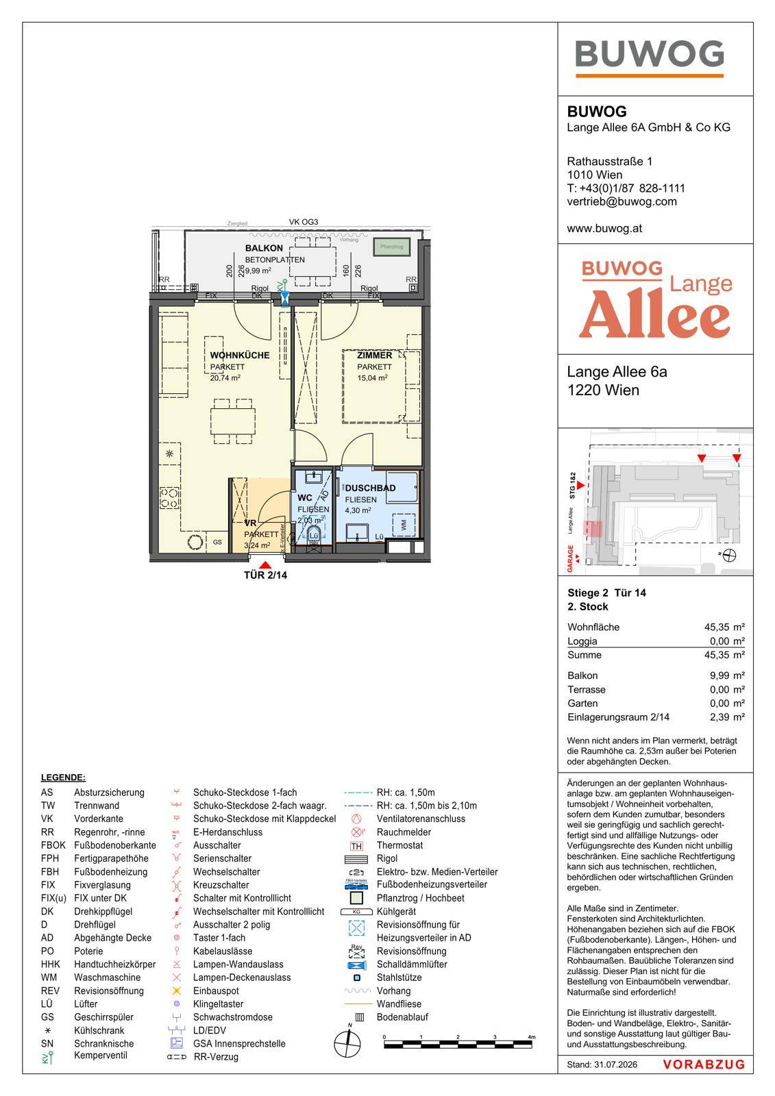 Grundriss einer Wohnung mit Wohnküche, Zimmer, Bad und Balkon auf 43,35 m².