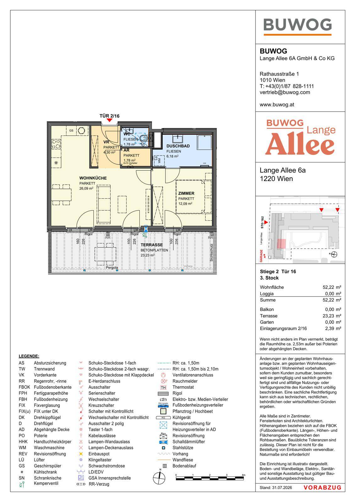 Grundriss einer Wohnung im 3. Stock mit Wohnküche, Schlafzimmer und großer Terrasse.