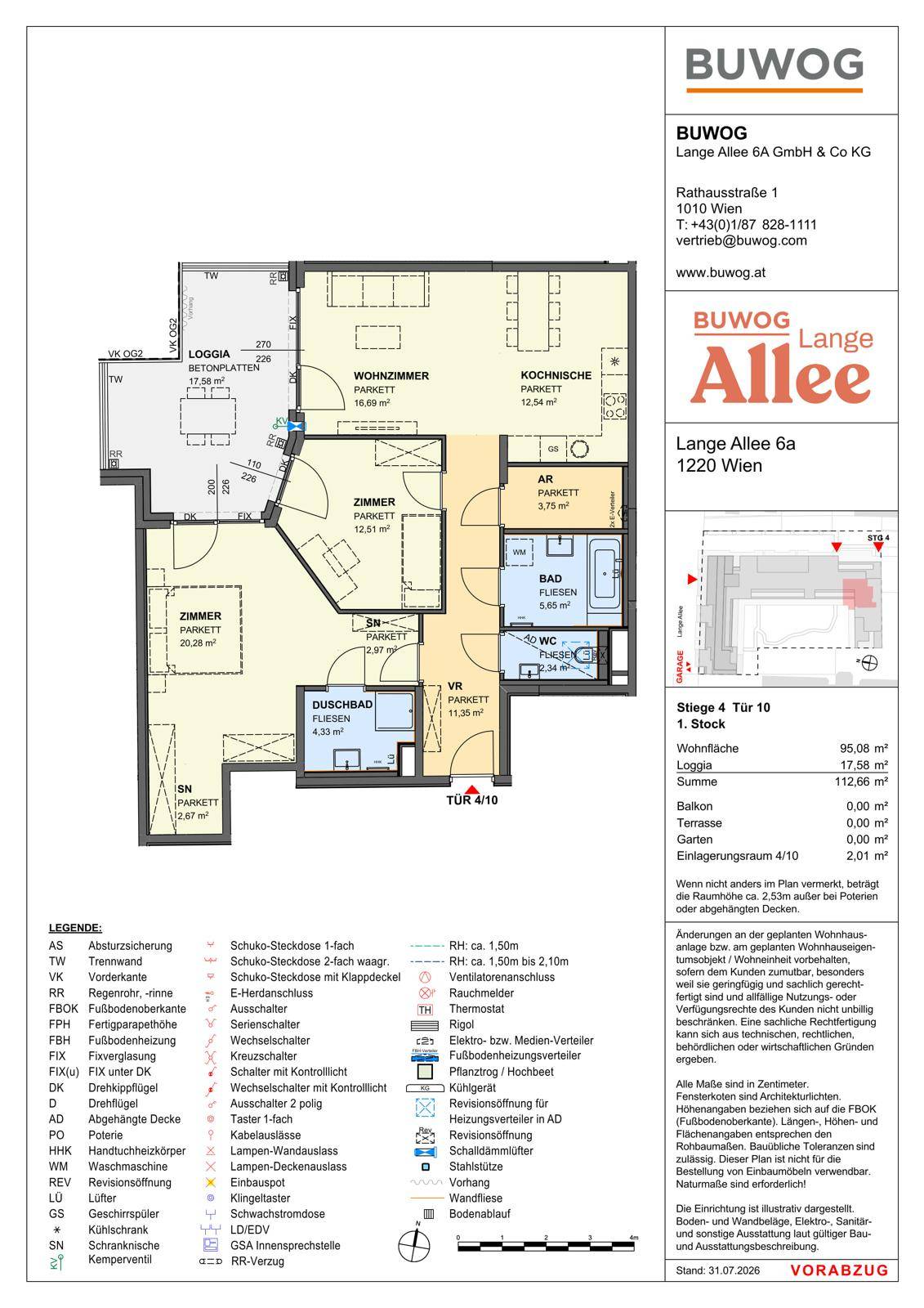 Detaillierter Grundriss einer Wohnung mit Wohnzimmer, Schlafzimmern und Loggia.
