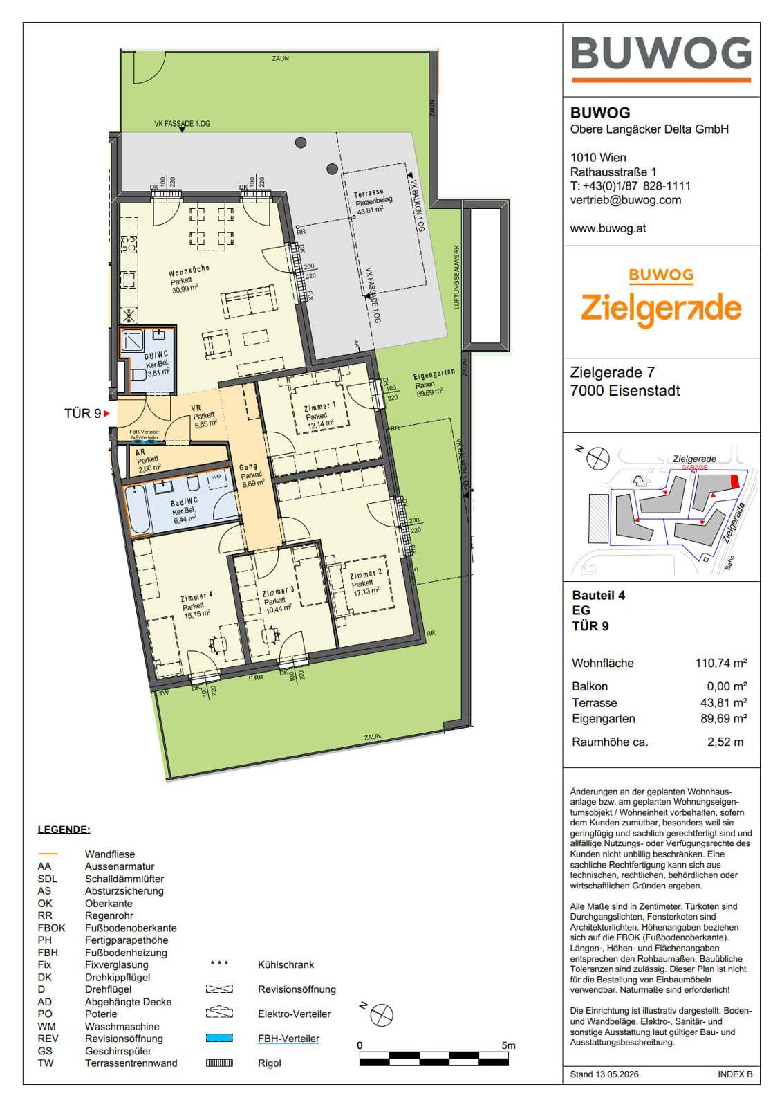 Detaillierter Grundriss einer Erdgeschosswohnung mit Terrasse und Gartenbereich.