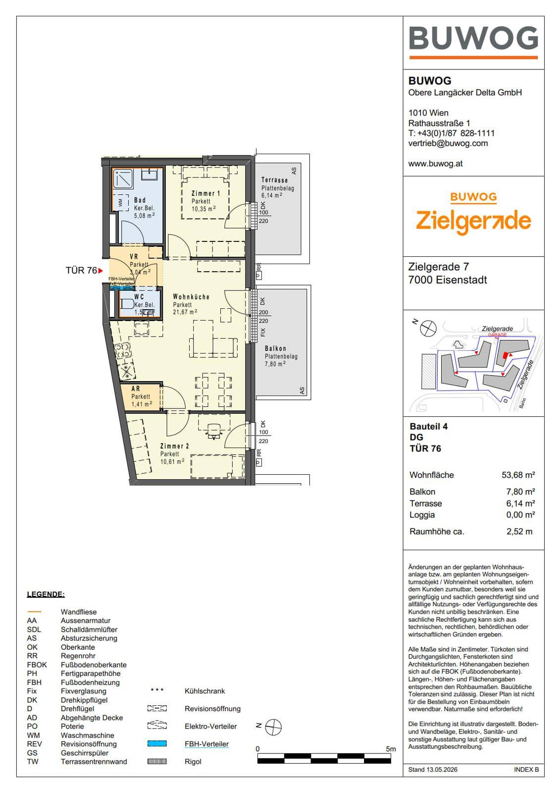Detaillierter Grundriss einer Wohnung mit drei Zimmern, offenem Wohnbereich, Balkon und Terrasse.