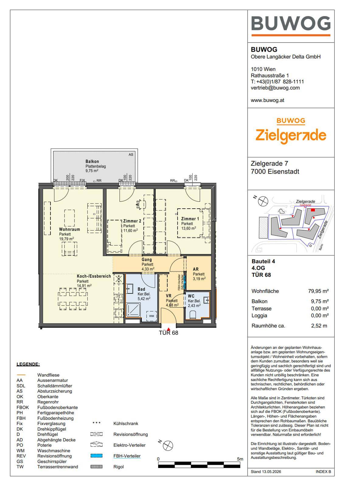 Detaillierter Grundriss einer Wohnung mit drei Zimmern, Balkon und separatem WC.