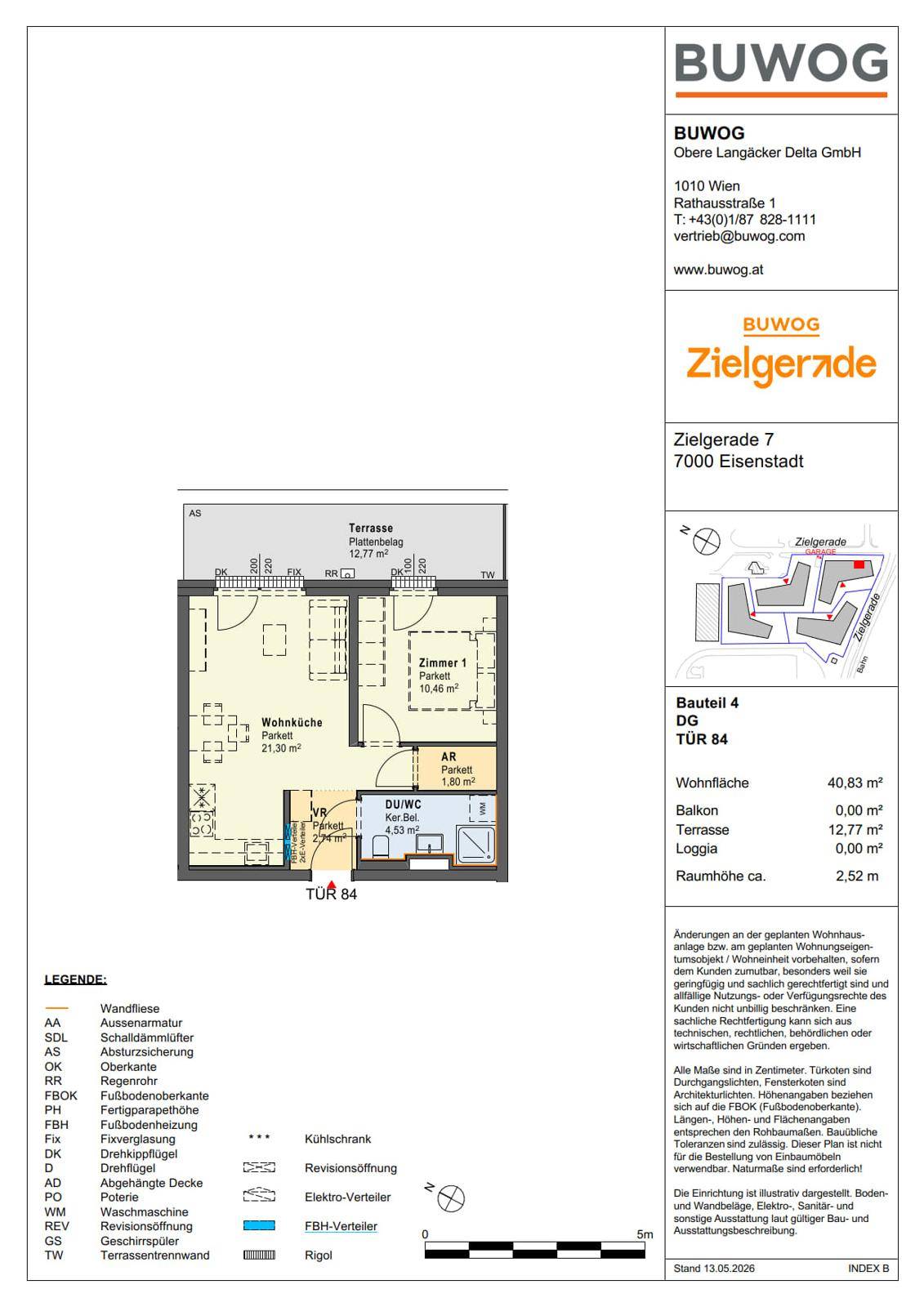 Detaillierter Grundriss einer Wohnung mit Wohnküche, Schlafzimmer und Terrasse.