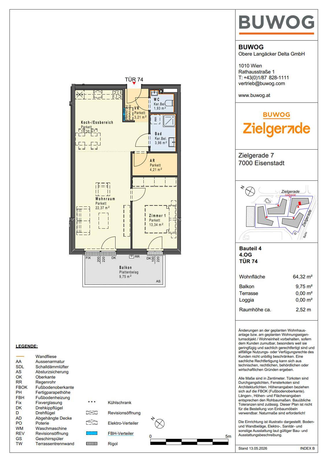 Grundriss einer Wohnung mit Balkon, einem Schlafzimmer und offenem Wohnbereich.