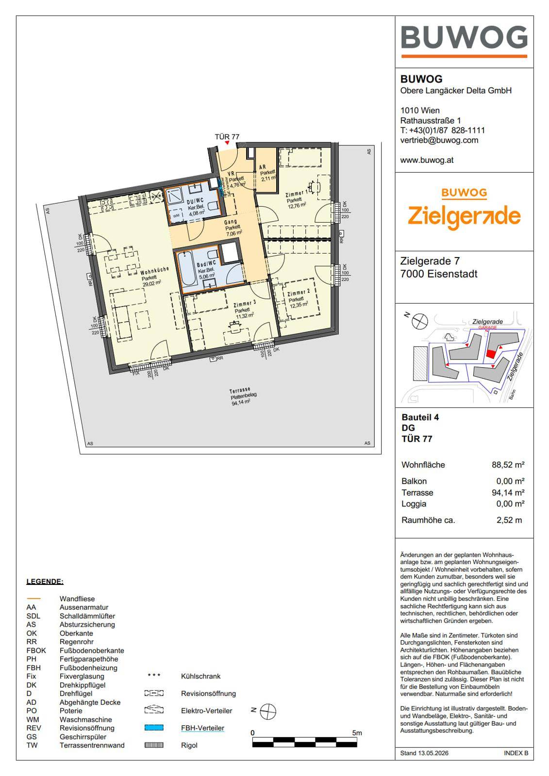 Detaillierter Grundriss einer Dachgeschosswohnung mit Terrasse und mehreren Zimmern.