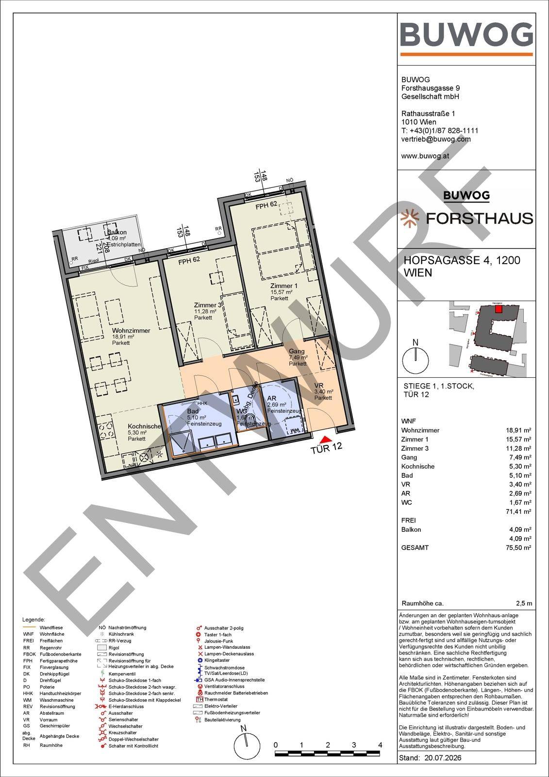 Grundriss einer Wohnung mit drei Zimmern, Wohnküche und Balkonzugang.