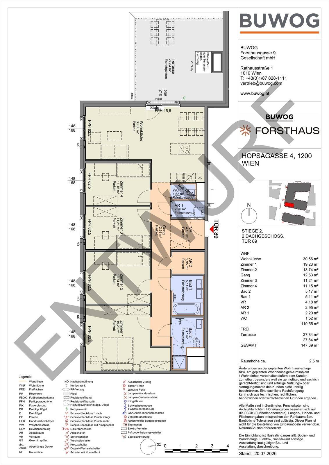Detaillierter Grundriss einer Dachgeschosswohnung mit großer Terrasse, mehreren Bädern und Schrankraum.
