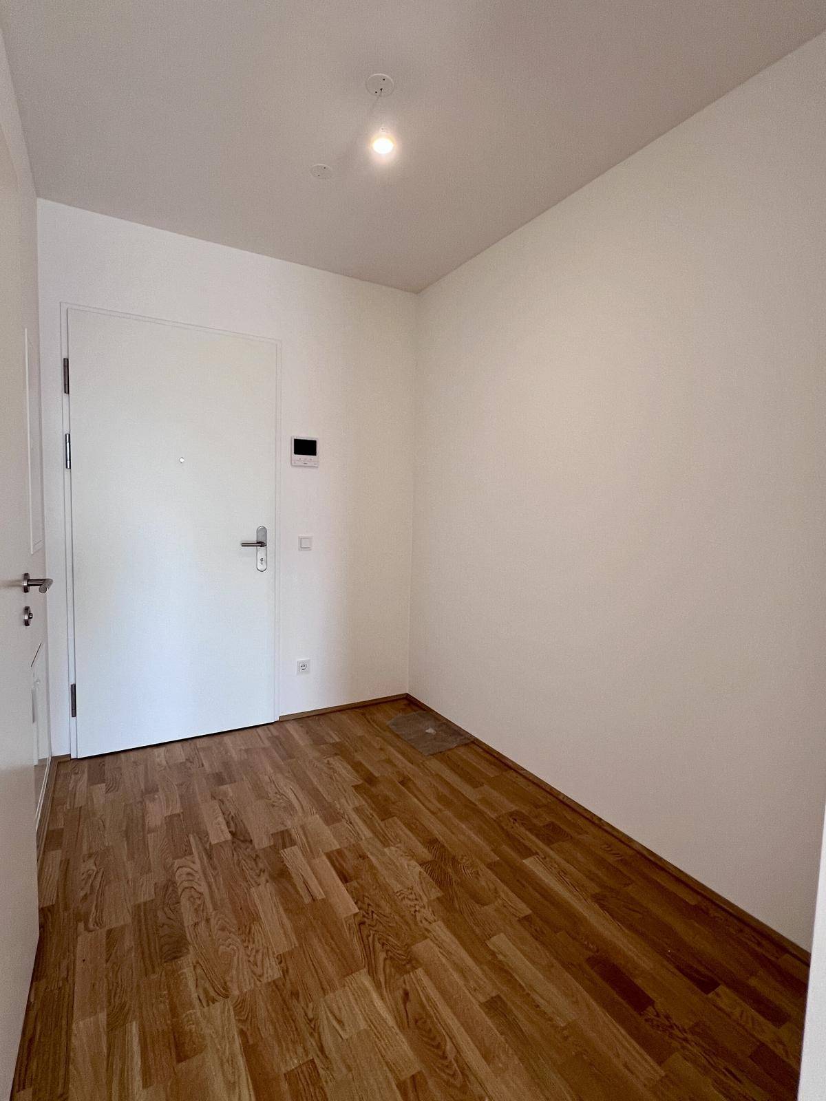 Eingangsbereich mit Holzboden und weißer Tür, bietet einen ersten Blick in die Wohnung.