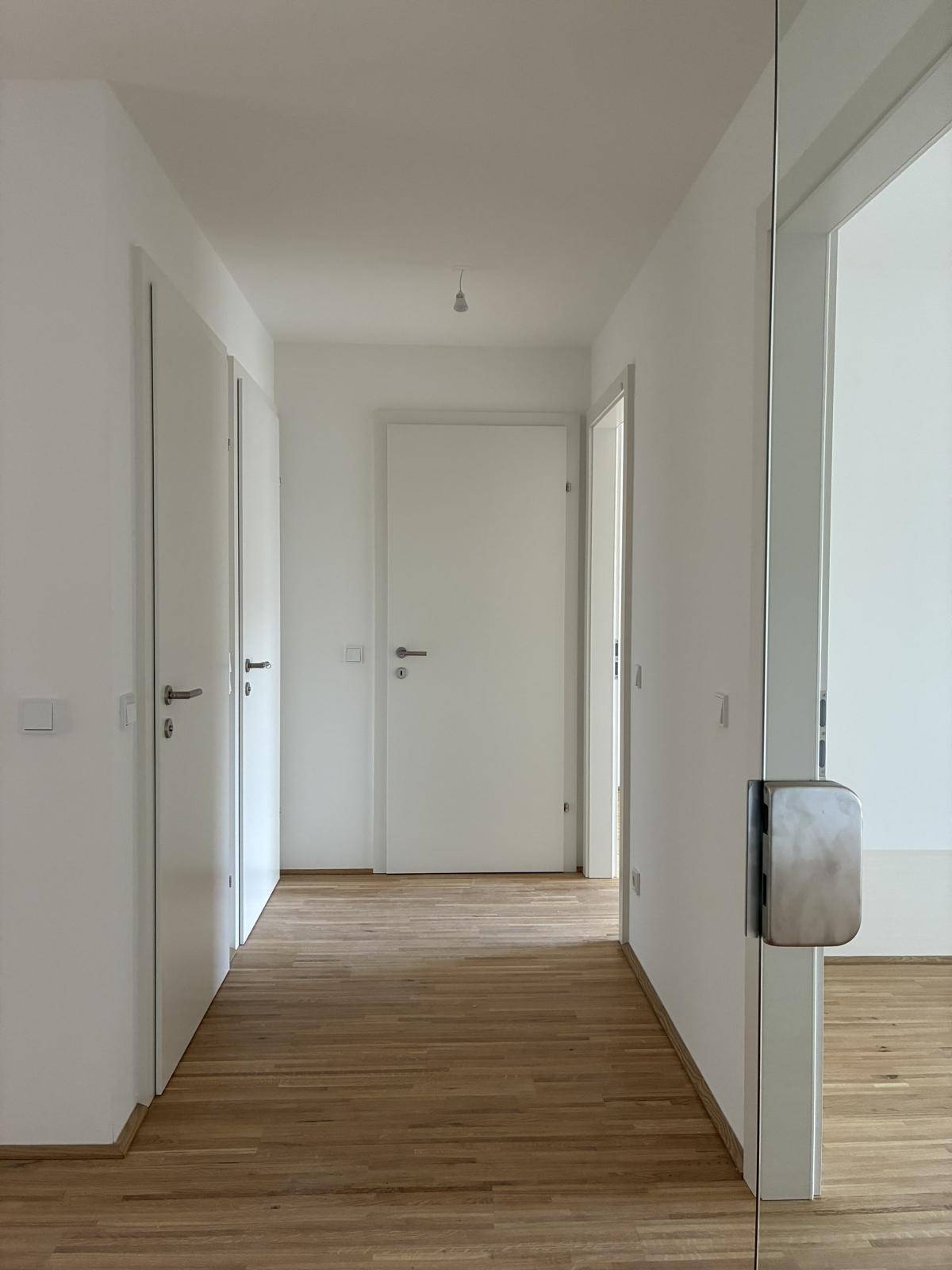 Langer, heller Flur mit mehreren Türen und Parkettboden.