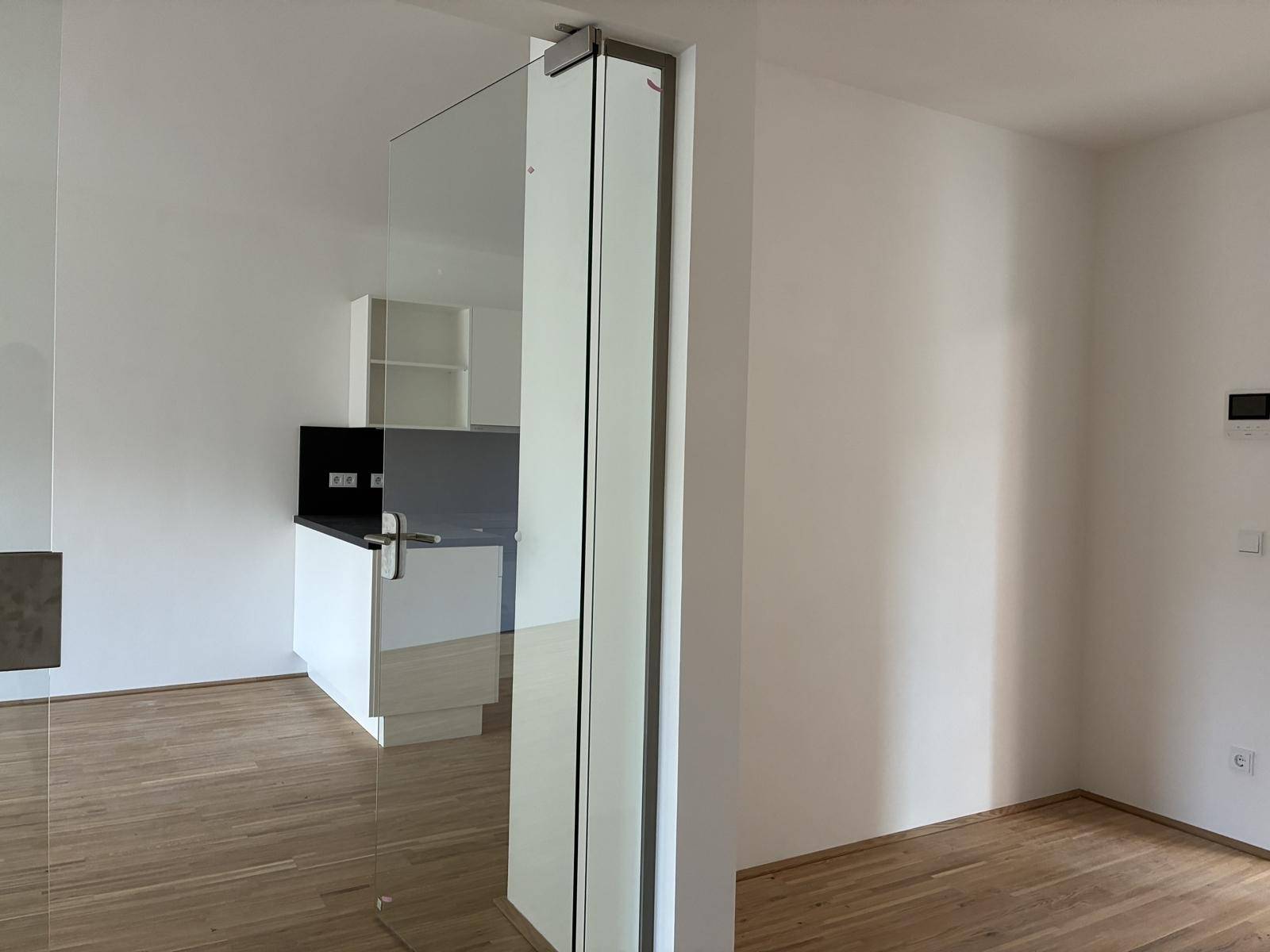 Moderner Wohnbereich mit Glastür und Blick auf die offene Küche.