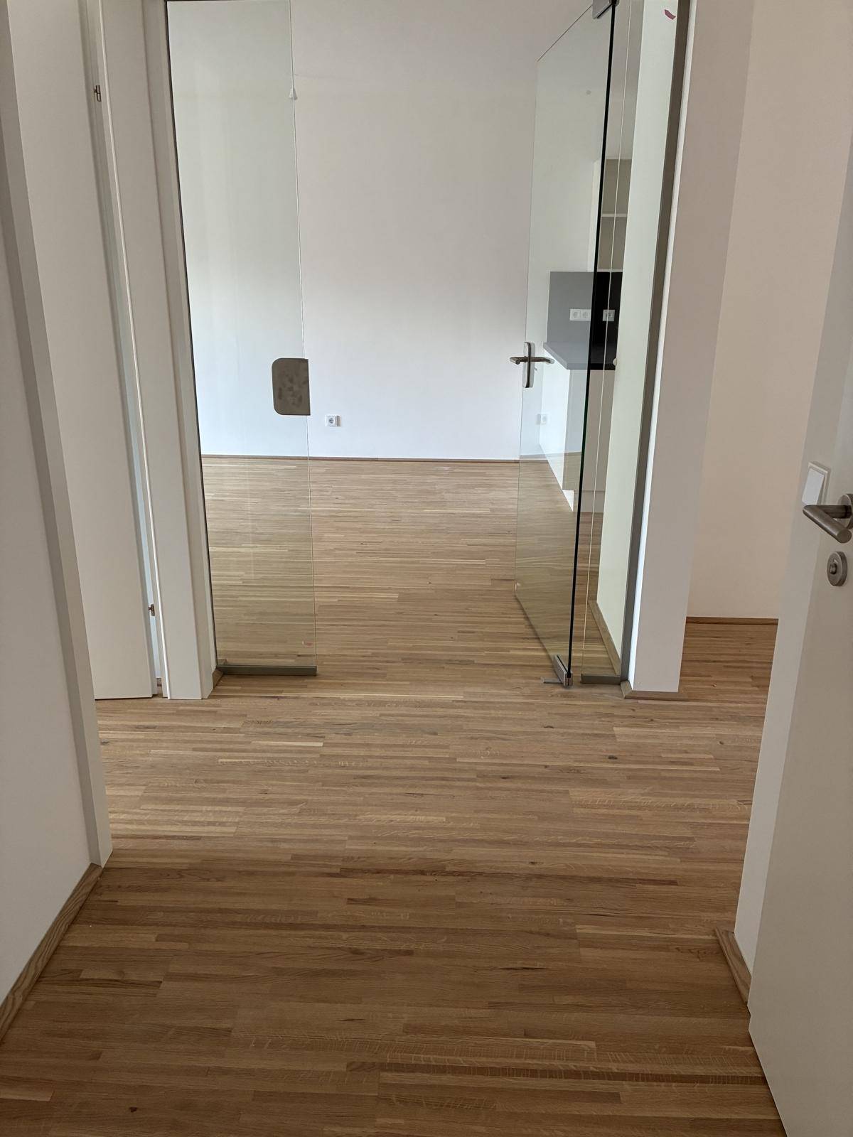 Eingangsbereich mit modernen Glastüren und hellem Parkettboden.
