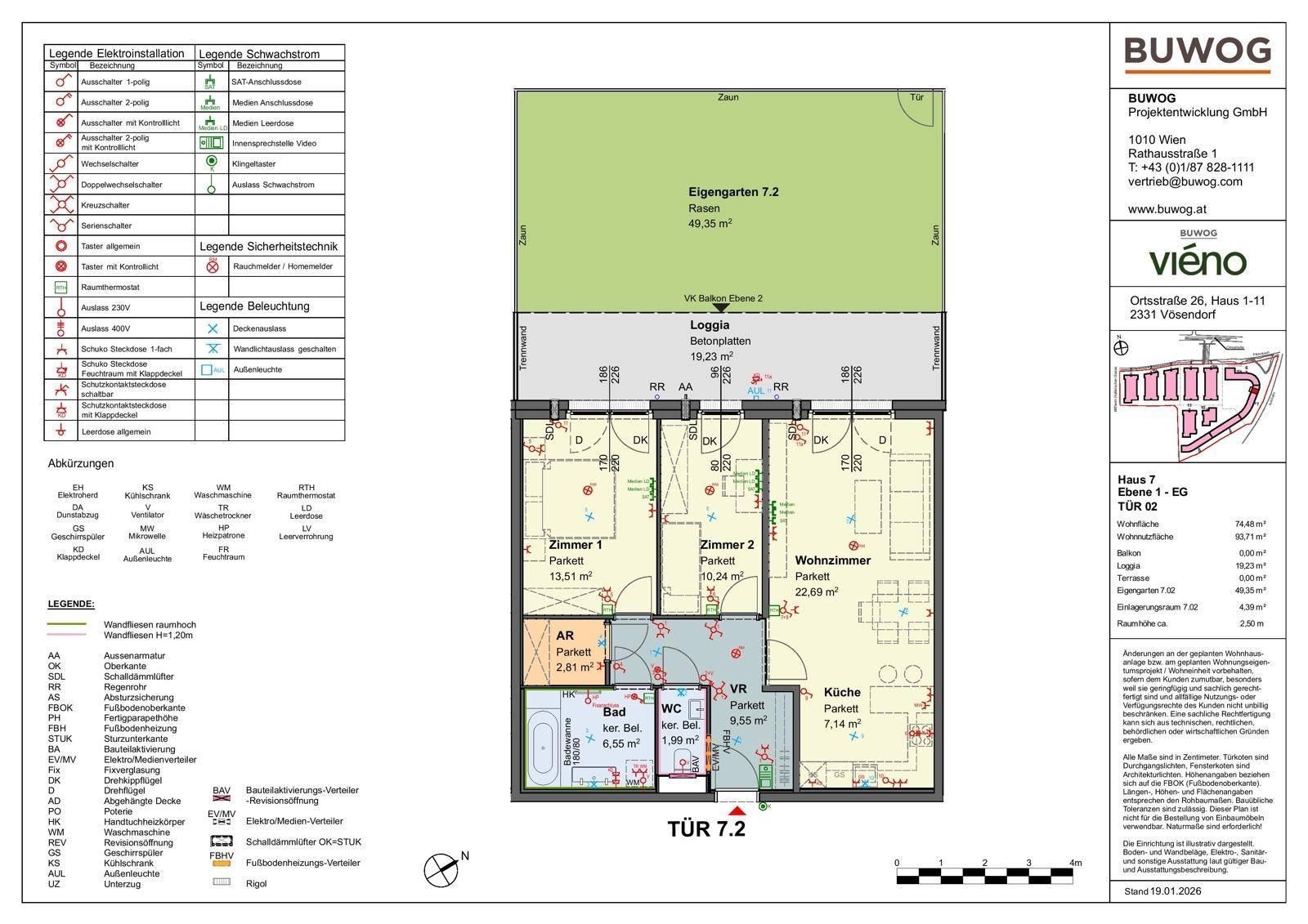 Detaillierter Grundriss einer Wohnung mit Loggia, Garten und drei Zimmern.