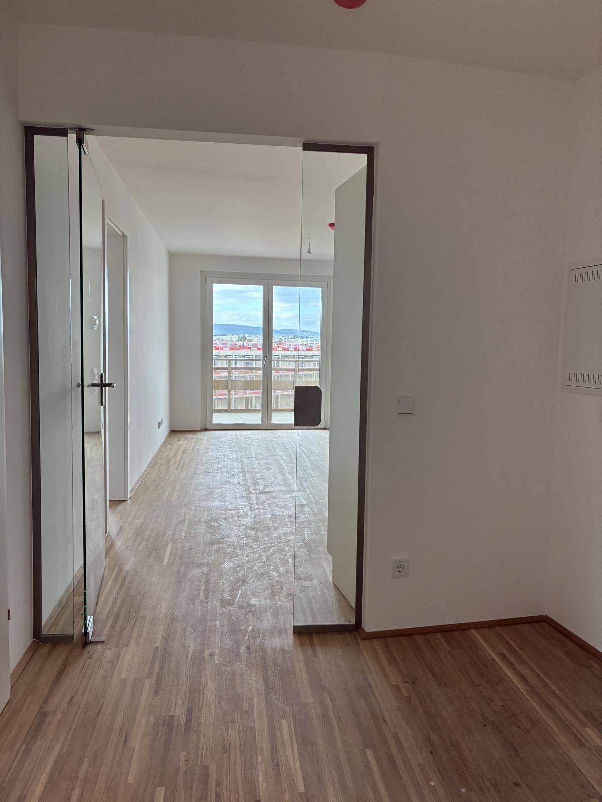 Heller Flur mit Holzboden und modernen Glastüren, die zu den angrenzenden Wohnbereichen führen.