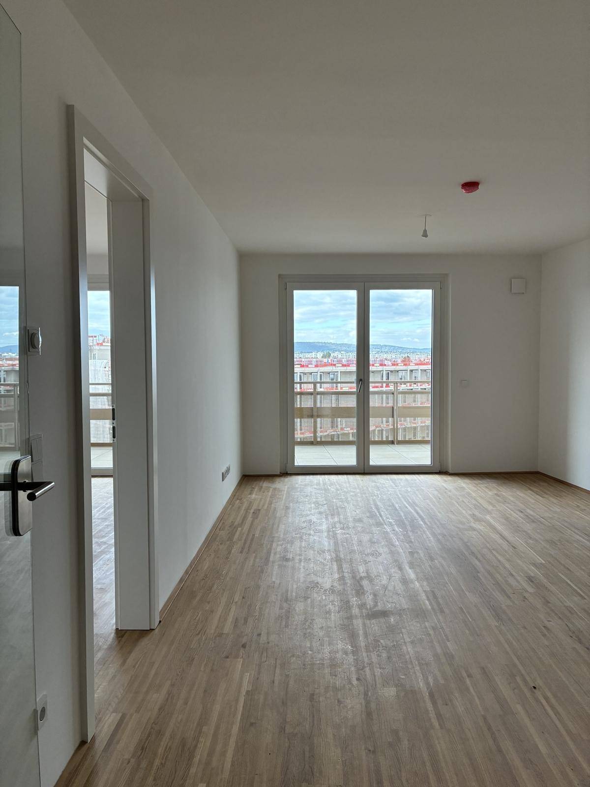 Heller Wohnraum mit Holzboden und großem Fenster, das viel Tageslicht hereinlässt und Zugang zum Balkon bietet.