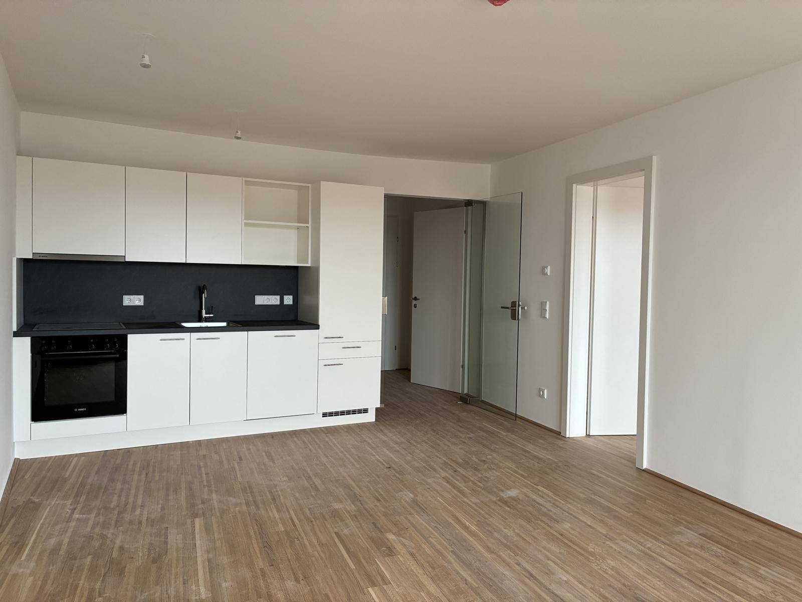 Kompakte Küche mit weißen Schränken und Holzboden, harmonisch in den offenen Wohnbereich integriert.