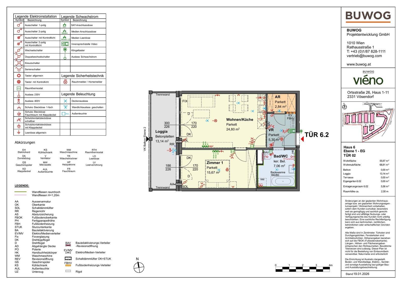 Detaillierter Grundriss einer Wohnung mit Loggia, einem Zimmer und Bad.