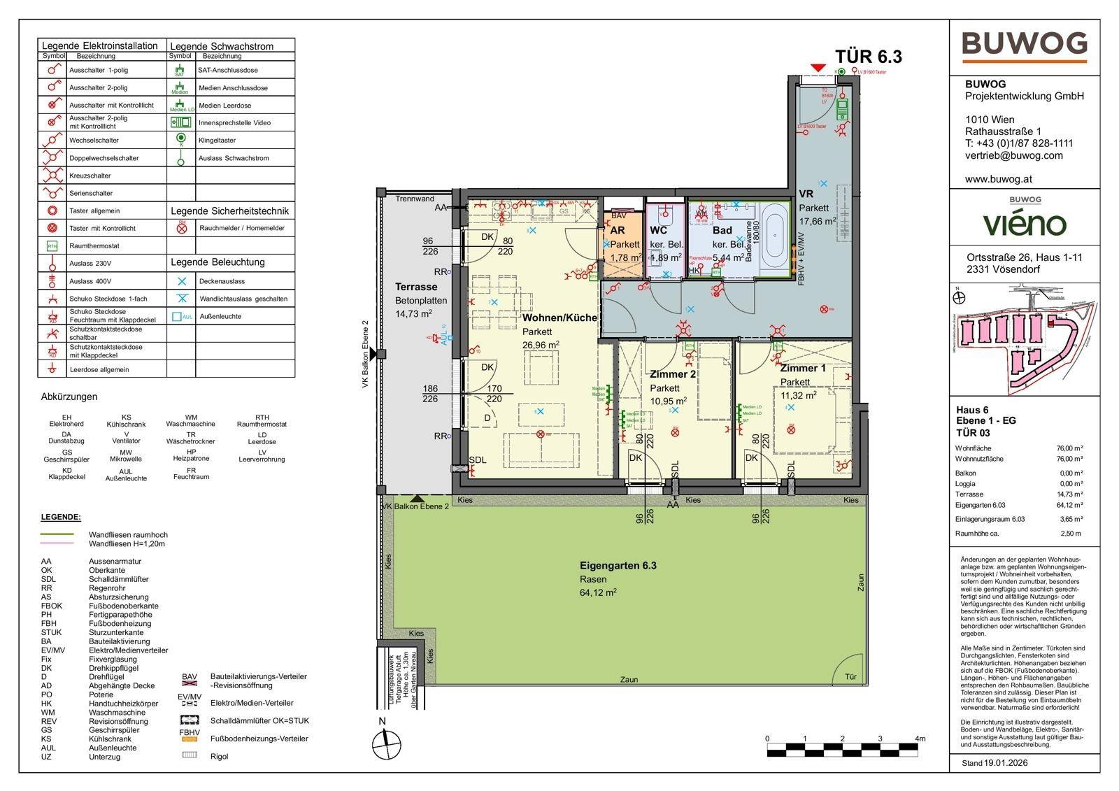 Detaillierter Grundriss einer Wohnung mit Terrasse, Garten und drei Zimmern im Erdgeschoss.